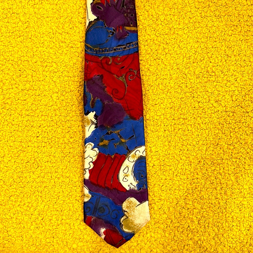 GALLIENI SILK NECKTIE IN CONTEMPORARY PATTERN- BURGUNDY, BLUE, PURPLE AND CREAM